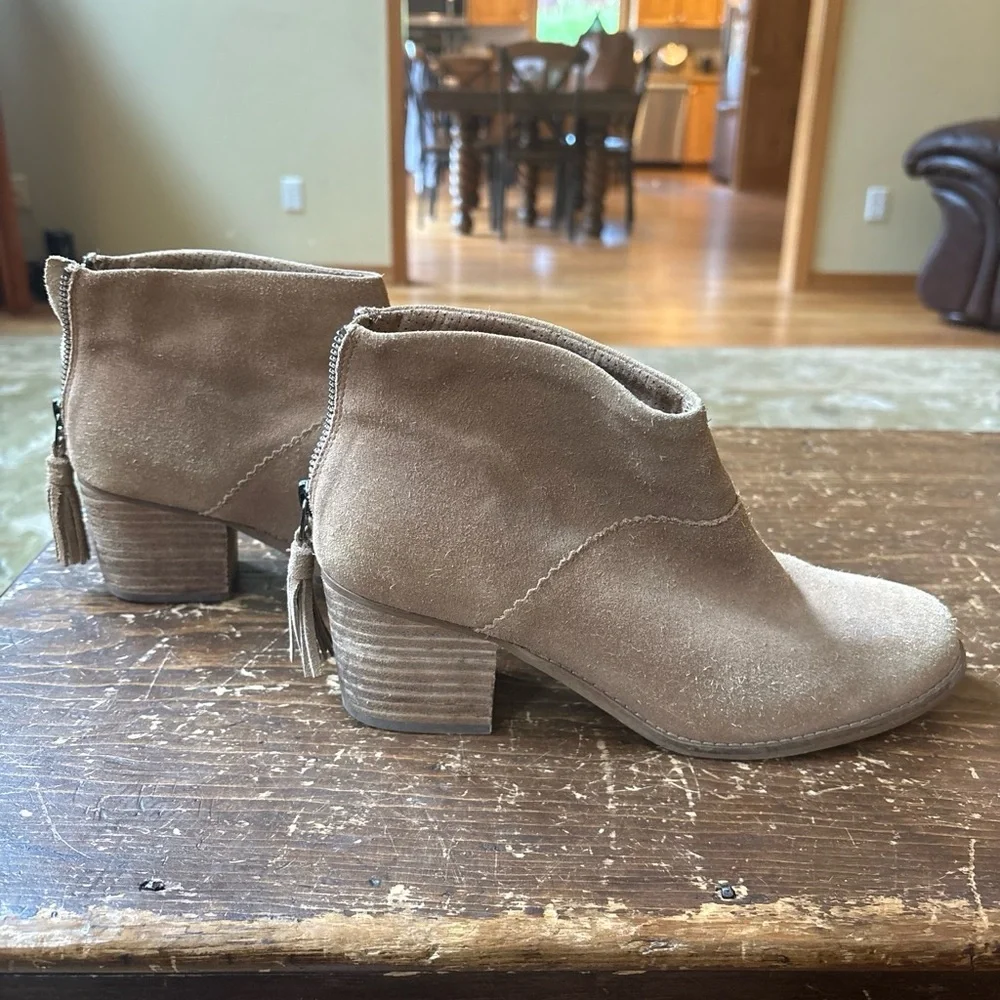 Toms Taupe Suede Ankle Booties with Tassel Zip